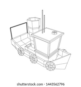 Fishing boat. Commercial fishing trawler for industrial seafood production. Vintage marine ship, sea or ocean transportation concept. Wireframe low poly mesh vector illustration