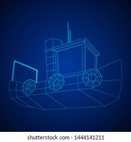 Fishing boat. Commercial fishing trawler for industrial seafood production. Vintage marine ship, sea or ocean transportation concept. Wireframe low poly mesh vector illustration