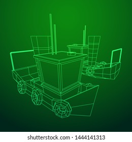 Fishing boat. Commercial fishing trawler for industrial seafood production. Vintage marine ship, sea or ocean transportation concept. Wireframe low poly mesh vector illustration