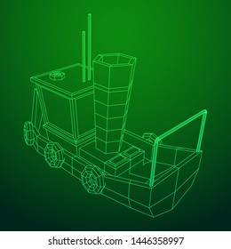 Fishing boat. Commercial fishing trawler for industrial seafood production. Vintage marine ship, sea or ocean transportation concept. Wireframe low poly mesh vector illustration