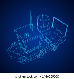 Fishing boat. Commercial fishing trawler for industrial seafood production. Vintage marine ship, sea or ocean transportation concept. Wireframe low poly mesh vector illustration