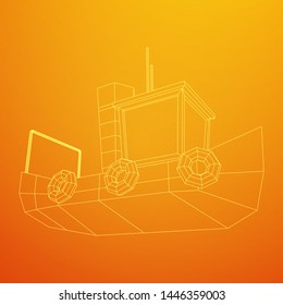 Fishing boat. Commercial fishing trawler for industrial seafood production. Vintage marine ship, sea or ocean transportation concept. Wireframe low poly mesh vector illustration