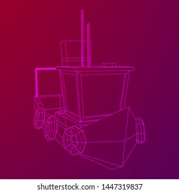 Fishing boat. Commercial fishing trawler for industrial seafood production. Vintage marine ship, sea or ocean transportation concept. Wireframe low poly mesh vector illustration