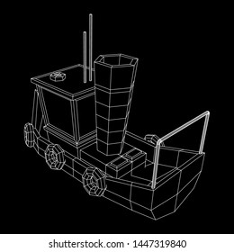 Fishing boat. Commercial fishing trawler for industrial seafood production. Vintage marine ship, sea or ocean transportation concept. Wireframe low poly mesh vector illustration