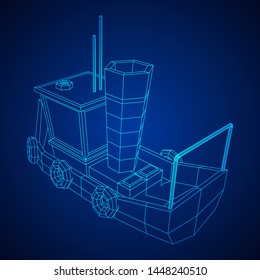 Fishing boat. Commercial fishing trawler for industrial seafood production. Vintage marine ship, sea or ocean transportation concept. Wireframe low poly mesh vector illustration