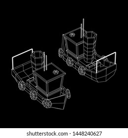 Fishing boat. Commercial fishing trawler for industrial seafood production. Vintage marine ship, sea or ocean transportation concept. Wireframe low poly mesh vector illustration