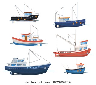 Fishing boat. Commercial fishing trawler transport side view illustration. Vector water vessel for industrial seafood production. Marine boat ship isolated object set on white background