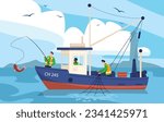 Fishing in boat concept. Men with net at sail. Fishin g industry and fishermans at sea or ocean. Active lifestyle and outdoor leisure. People with red fish. Cartoon flat vector illustration
