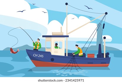 Fishing in boat concept. Men with net at sail. Fishin g industry and fishermans at sea or ocean. Active lifestyle and outdoor leisure. People with red fish. Cartoon flat vector illustration