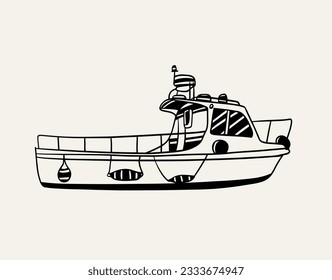 fishing boat of drawing ink sketch for poster, art print, art collection