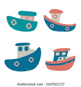 Fishing Boat Drawing Set Isolated On White. Small Ships In Cute Flat Design. Kid Toy Style. Vector Illustration For Childish Design, Kids Room Decor, Pattern And Other.