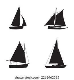 Fishing boat drawing set isolated on white. Colorful icon collection. Small ships in cute flat design. Kid toy style. Vector illustration.