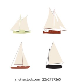 Fishing boat drawing set isolated on white. Colorful icon collection. Small ships in cute flat design. Kid toy style. Vector illustration.