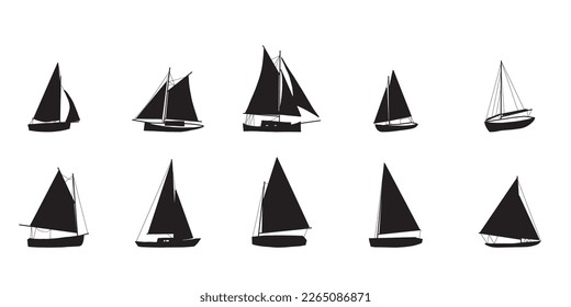 Fishing boat drawing set isolated on white. Colorful icon collection. Small ships in cute flat design. Kid toy style. Vector illustration.
