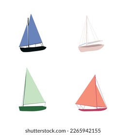 Fishing boat drawing set isolated on white. Colorful icon collection. Small ships in cute flat design. Kid toy style. Vector illustration.