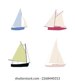 Fishing boat drawing set isolated on white. Colorful icon collection. Small ships in cute flat design. Kid toy style. Vector illustration.