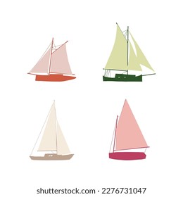 Fishing boat drawing set isolated on white. Colorful icon collection. Small ships in cute flat design. Kid toy style. Vector illustration.