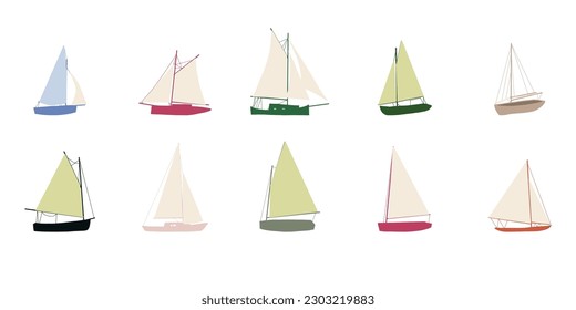 Fishing boat drawing set isolated on white. Colorful icon collection. Small ships in cute flat design. Kid toy style. Vector illustration.