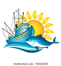 Fishing boat and fish on the background of the sun