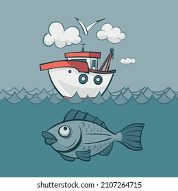 Fishing boat and fish in the sea. Vector illustration