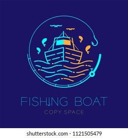 Fishing boat, fish, seagull, wave and Fishing rod circle shape logo icon outline stroke set dash line design illustration isolated on dark blue background and copy space