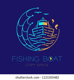 Fishing boat, fish, seagull, wave and Fishing net circle shape logo icon outline stroke set dash line design illustration isolated on dark blue background and copy space