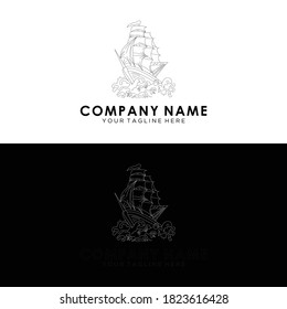Fishing boat, fish, seagull, wave and Fishing net shape logo icon outline stroke set dash line design illustration isolated on dark blue background and copy space