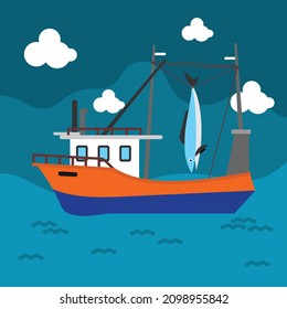 fishing boat with fish vector illustration