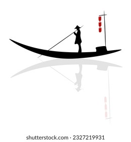 
Fishing boat with fisherman reflecting in the lake.
Japanese ink painting
 Oriental style sumi e, wu shin, go hua,
SSTK abstract,
vector illustration.