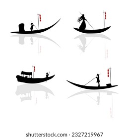 
Fishing boat with fisherman reflecting in the lake.
Japanese ink painting
 Oriental style sumi e, wu shin, go hua,
SSTK abstract,
vector illustration.