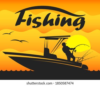 Fishing boat with fisherman and fishing rod at sunset