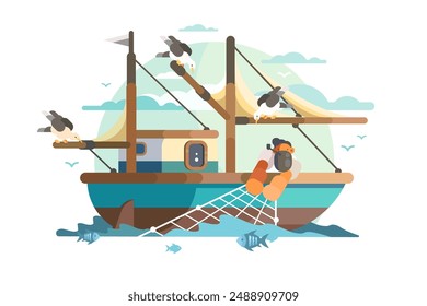 Fishing boat with fisherman. Vector illustration of a boat, seagulls, and fish in the sea.