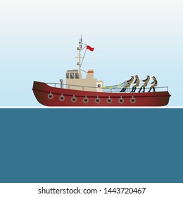 Fishing boat with fishermen in sea. Vector illustration