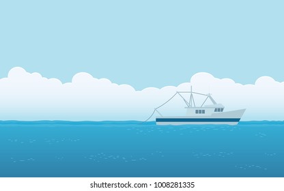 fishing boat in flat icon design with blue sky background