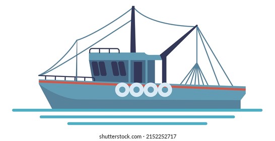 Icono plano del barco pesquero. Barco de mercancías de arrastre