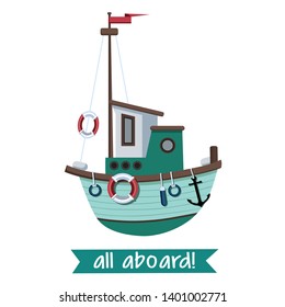 Fishing boat in flat style. Vector illustration isolated on white background