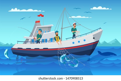 Fishing in boat flat vector illustration. Professional fishermen in vessel cartoon characters. Men catching fish using net. Commercial fishing industry. Ship in ocean. Guy angling with rod drawing