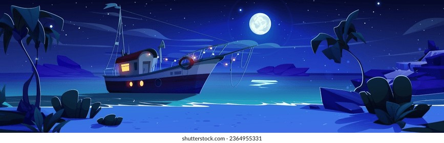 Barco pesquero flotando en el mar nocturno. Dibujo vectorial de una nave cerca de una hermosa playa de arena, palmeras exóticas, olas que lavan la línea costera oscura, luna llena y estrellas que brillan en el cielo de medianoche