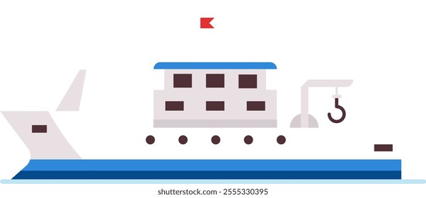 Fishing boat floating on water with crane and hook, featuring a red flag, windows, and blue and white color scheme, representing commercial fishing and maritime industries