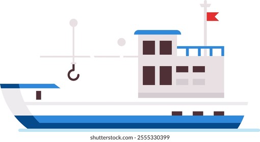 Fishing boat floating on water with crane and red flag, featuring a minimalist design with blue and white color scheme, ideal for maritime industry, fishing, and transportation concepts