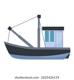 Fishing boat floating on water, featuring a cabin and a crane, ready for fishing expeditions and maritime adventures