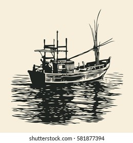 Fishing boat. Hand Drawn Decorative Design Element In Engraving Style. Vector Illustration.