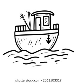 Fishing boat hand drawn doodle. Trawler. Sea ship. Catch fish with a net or a fishing rod. Motor boat for a reservoir. Water transport. Adventure, travel. Ocean work. Vector line art illustration.