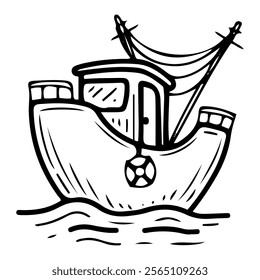 Fishing boat hand drawn doodle. Trawler. Sea ship. Catch fish with a net or a fishing rod. Motor boat for a reservoir. Water transport. Adventure, travel. Ocean work. Vector line art illustration.