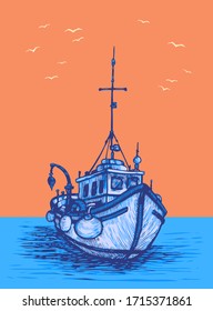 Fishing boat. Hand Drawn Vector Illustration. Engraving Style.