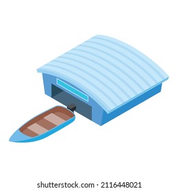 Fishing boat icon isometric vector. Wooden boat with outboard engine near garage. Water transport, fishery