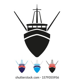 Fishing Boat Icon. Seiner. Front View. Vector Drawing. Isolated Object On A White Background. Isolate.