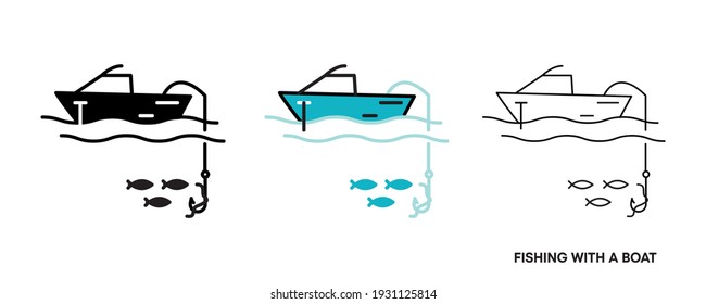 Fishing from the boat icon set. This icon is the icon symbol showing fish caught from the boat. Editable icon set. Fishing club or online web shop creative vector line art.