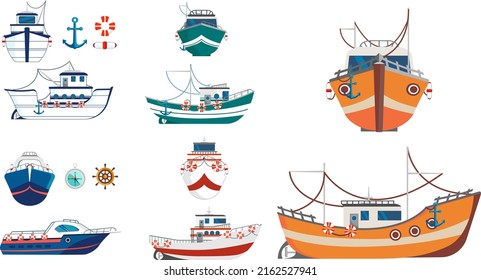 Fishing boat icons colorful front