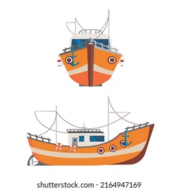 Fishing boat icons orange front view side view outline svg